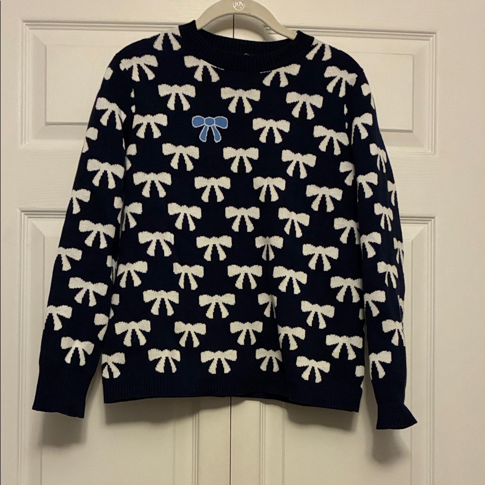 Duffield Lane the Bow Sweater Navy and White Bow Pattern